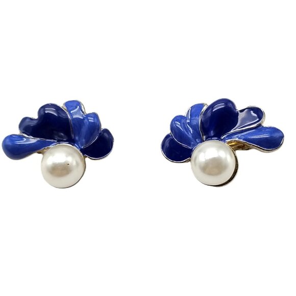 Vintage Blue Enamel Flower Clip-on Earrings with Pearl Centers Statement Jewelry - Picture 2 of 7